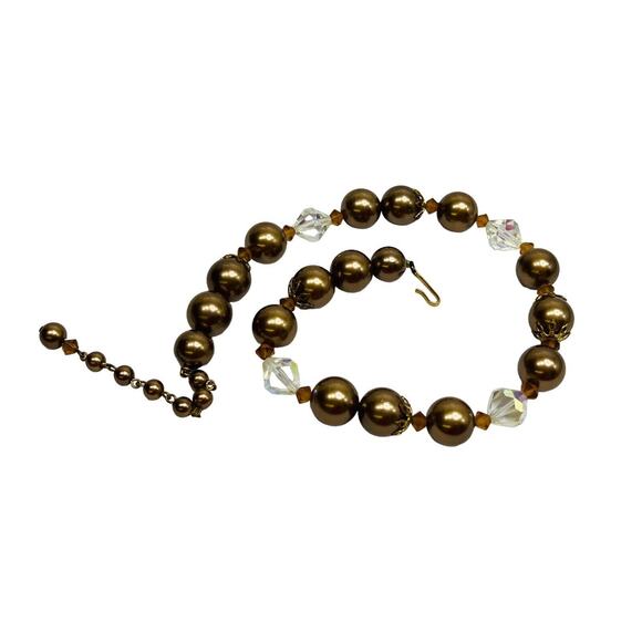 Vintage Lisner Necklace Choker Beaded Strand AB Crystal, Brown, Gold Tone 16 in - Picture 2 of 14